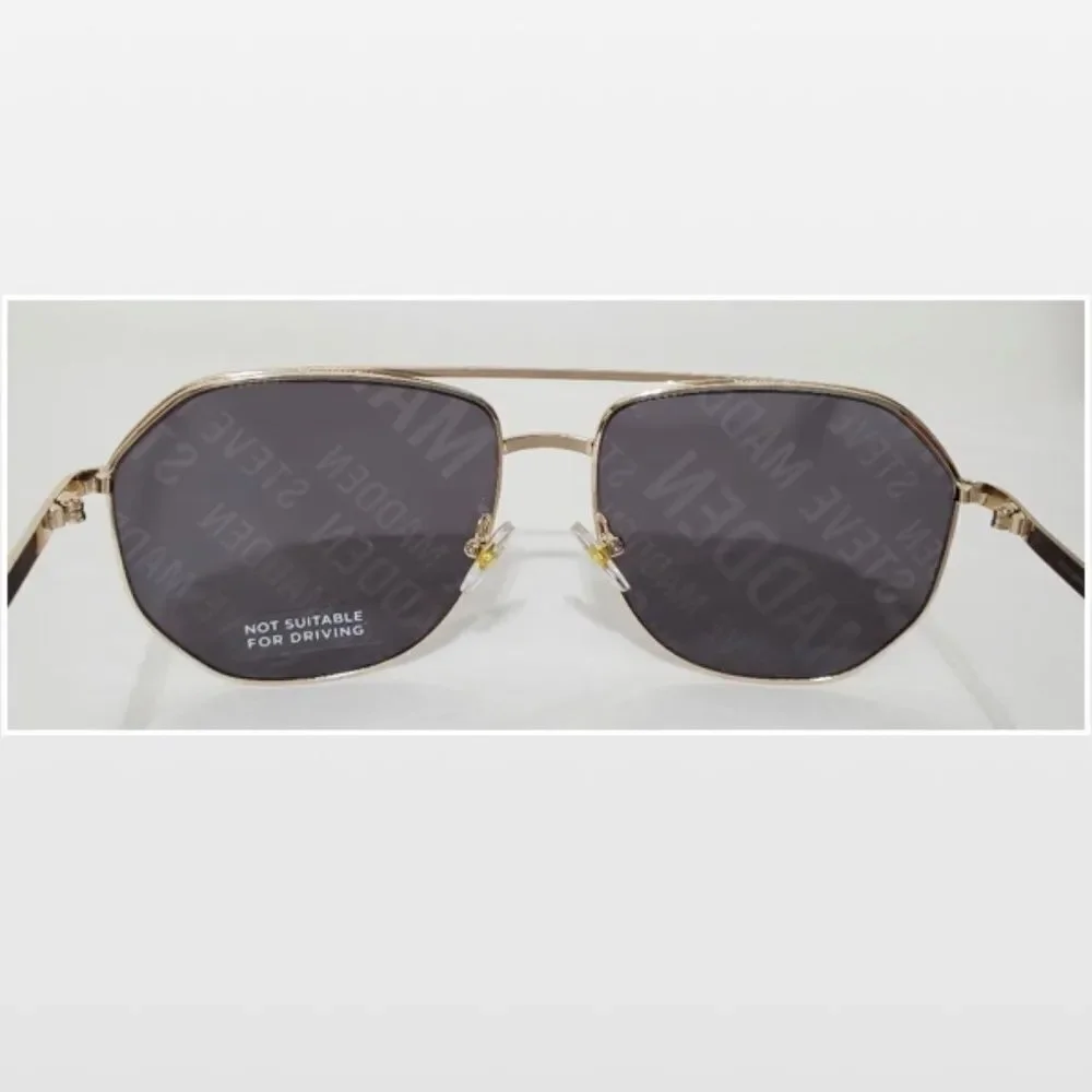New Steve Madden Sunglasses Logo Printed Mirrored Aviators Black Gold NWT - Picture 11 of 16